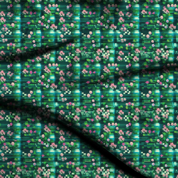 Deep Teal Pixelated Pink Florals Print Fabric