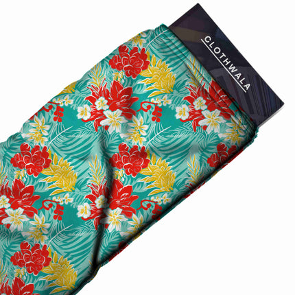 scarlet red tropical fabric detail — matte finish digital print closeup