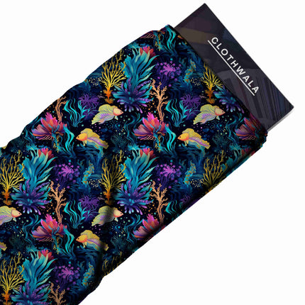 electric cyan tropical fabric detail — matte finish digital print closeup