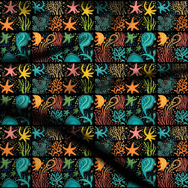 teal tropical digital print fabric texture — medium scale closeup