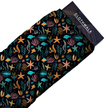 cyan blue tropical fabric detail — matte finish digital print closeup