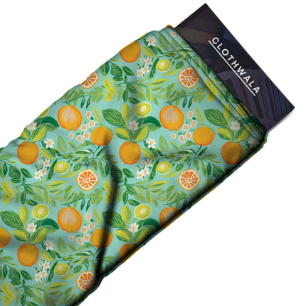 tangerine orange tropical print fabric draped — kaftan styling