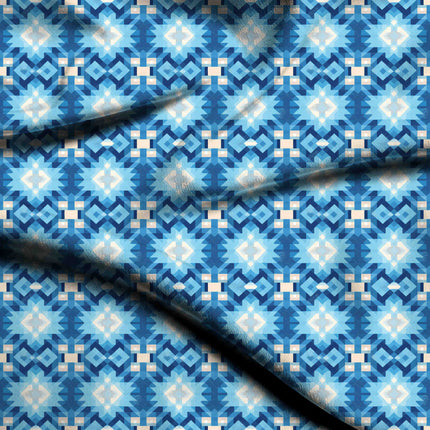 cobalt blue geometric digital print fabric texture — medium scale closeup