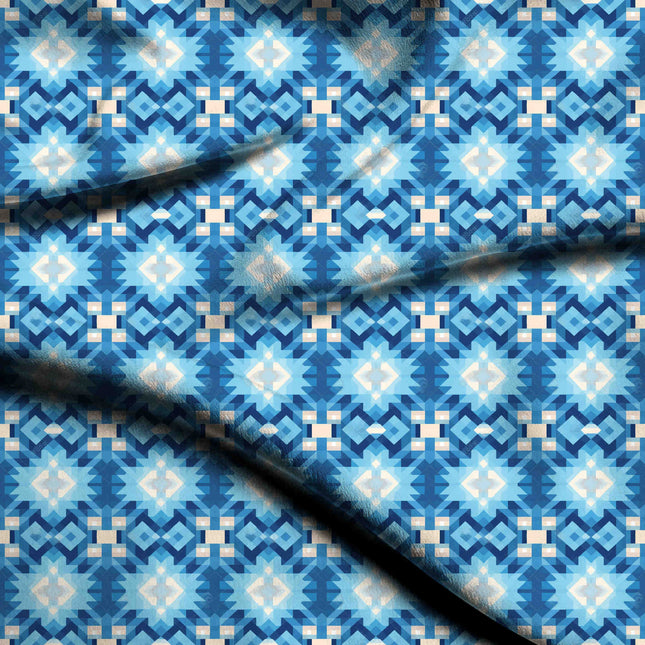 cobalt blue geometric digital print fabric texture — medium scale closeup