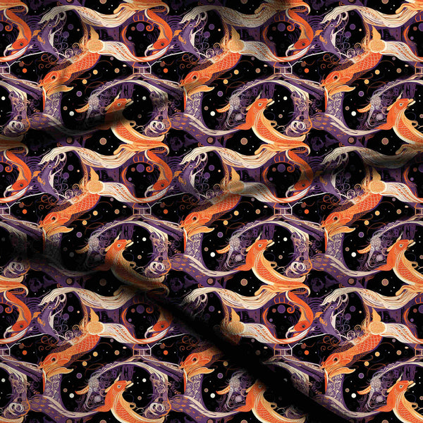 Charcoal Black Stylized koi fish amidst swirling Anarkali Suit Fabric