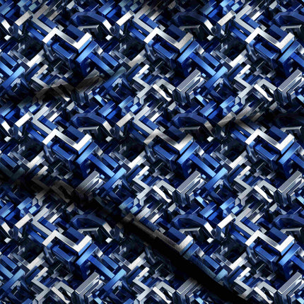 cobalt blue geometric fabric detail — glossy finish digital print closeup