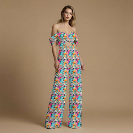 cyan blue abstract print fabric draped — maxi dress styling