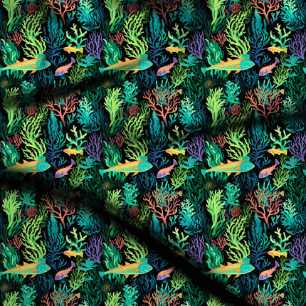 teal tropical digital print fabric texture — medium scale closeup