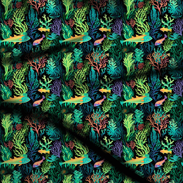 Teal Electric Underwater Scene Print Fabric
