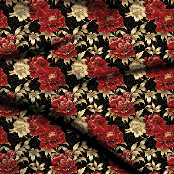 Crimson Red Gilded Crimson And Champagne Peonies Print Fabric