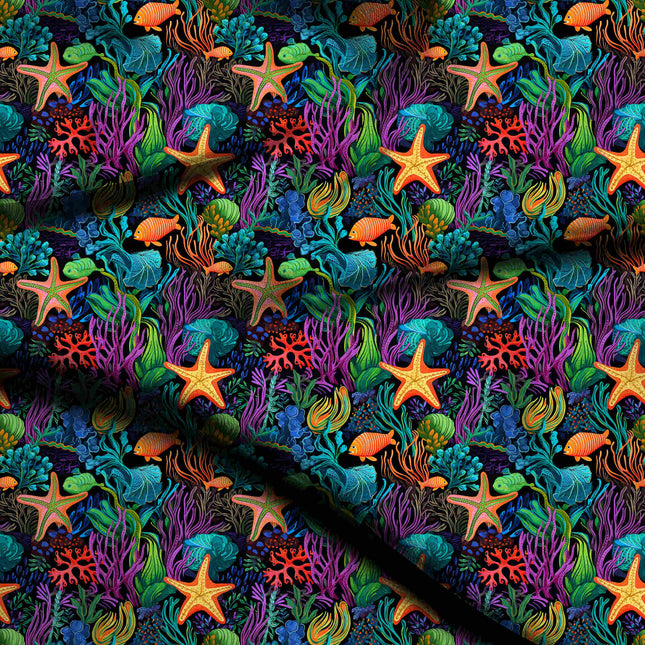 electric orange tropical digital print fabric texture — medium scale closeup