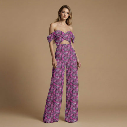 magenta animal print fabric draped — fitted trousers styling