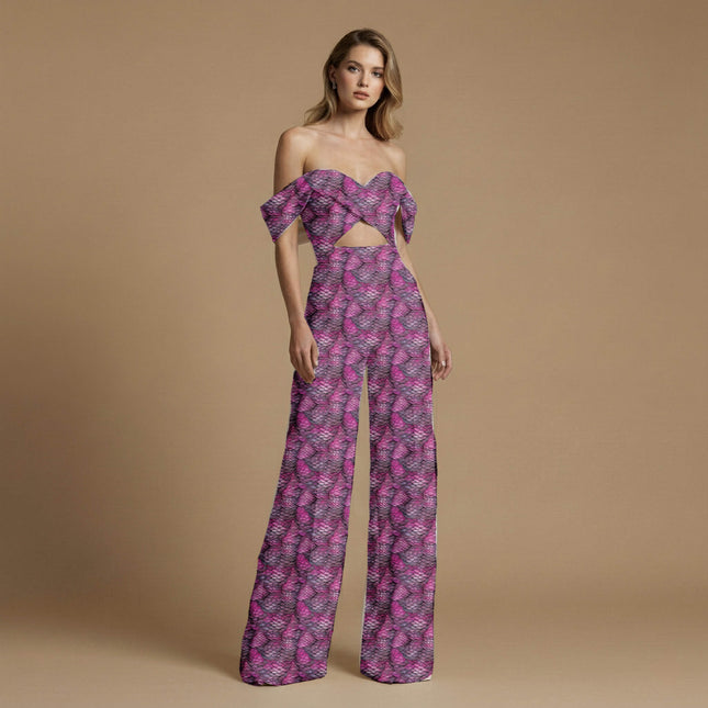 magenta animal print fabric draped — fitted trousers styling