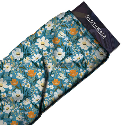 Teal Blue Floral Digital Print Fabric for Dress | Vacation Wear - Image 7