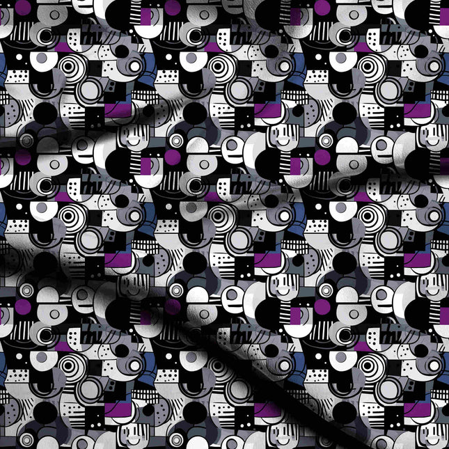 jet black abstract digital print fabric texture — medium scale closeup