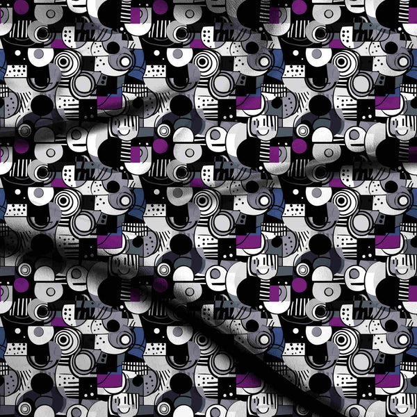 Jet Black Layered Abstract Collage Print Fabric