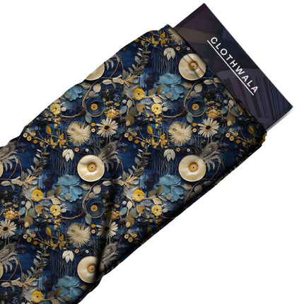 midnight blue floral print fabric draped — saree blouse styling