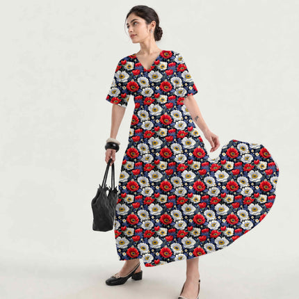 Midnight Blue Floral Digital Print Fabric for Dress | Whimsical Ethnic Wear - Image 2
