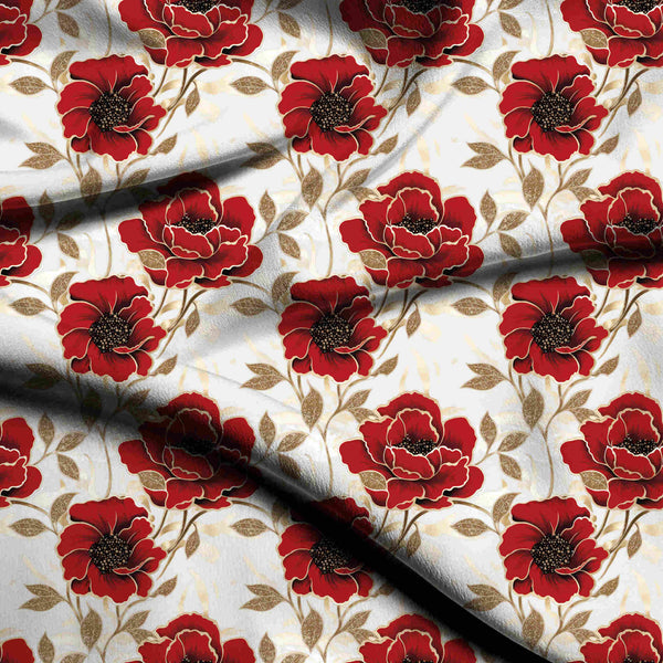 Crimson Red Large Stylized Crimson Poppies Print Fabric
