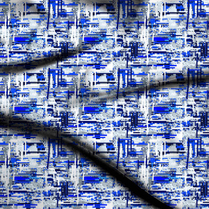 cobalt blue geometric print fabric draped — maxi dress styling