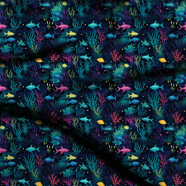 midnight blue tropical digital print fabric texture — medium scale closeup