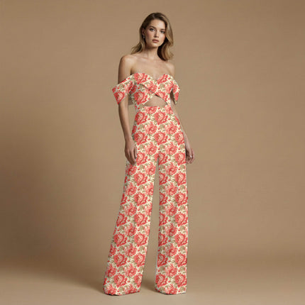 crimson red floral print fabric draped — kaftan styling