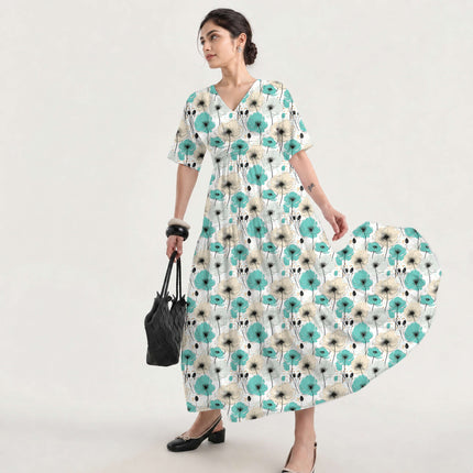 Teal Blue Floral Digital Print Fabric for Dress | Geometric resort wear - Image 8