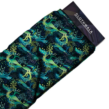 Midnight Blue Abstract Bioluminescent Seaweed And Coral Print Fabric