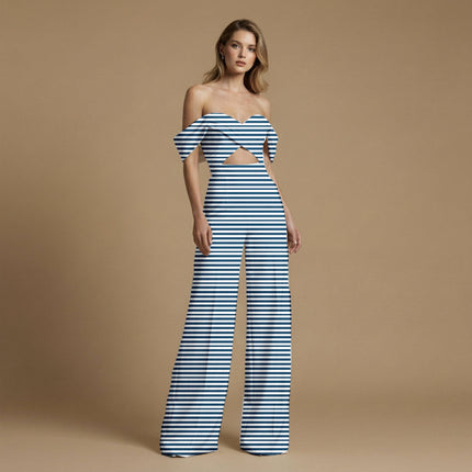 navy blue stripes print fabric draped — maxi dress styling