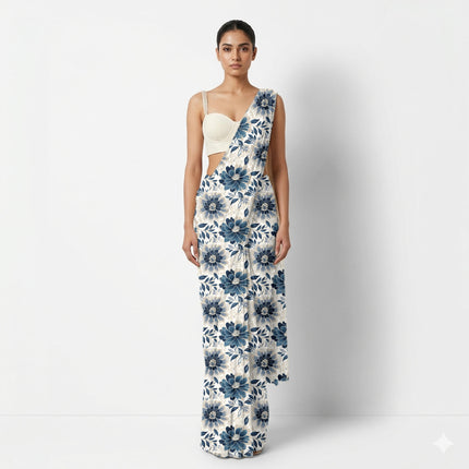 Ivory Cream Floral Digital Print Fabric for Lehenga | Formal Wear - Image 6