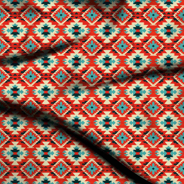vermilion red ethnic digital print fabric texture — medium scale closeup