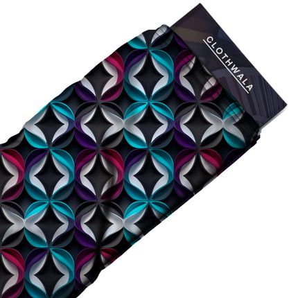 electric teal geometric fabric detail — embossed finish digital print closeup