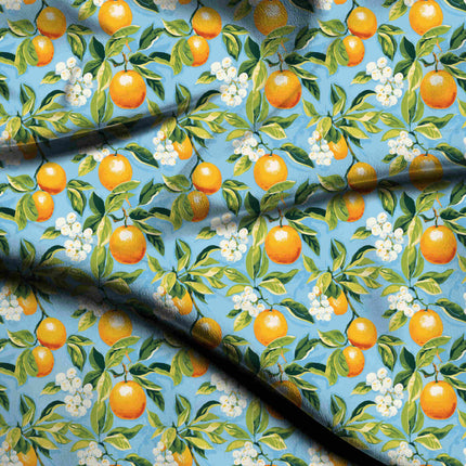 sky blue floral digital print fabric texture — medium scale closeup