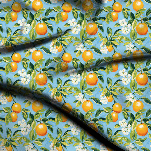Sky Blue Painterly Orange Grove Branches Print Fabric