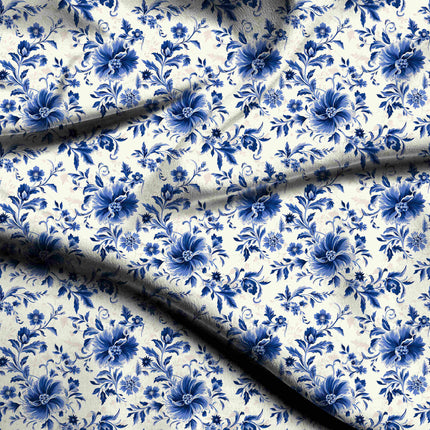 Cobalt Blue Floral Digital Print Fabric for Dress | Psychedelic Festival Wear - 4576