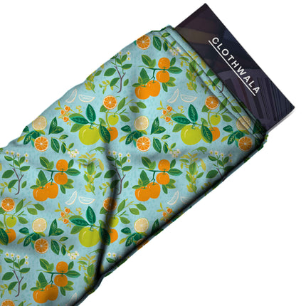 sky blue tropical fabric detail — matte finish digital print closeup