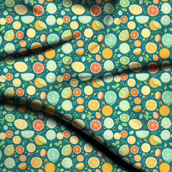 Teal Blue Playful Citrus Slices And Scattered Print Fabric