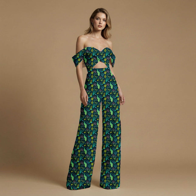 chartreuse tropical print fabric draped — co-ord set styling