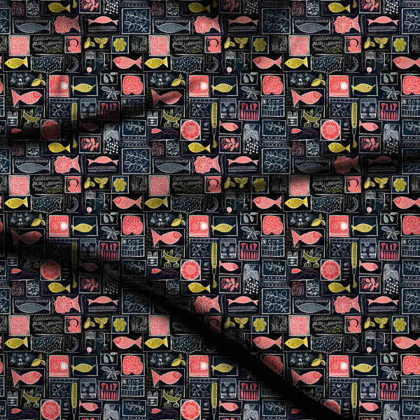 Midnight Blue Artisanal Folk Art Collage Print Fabric