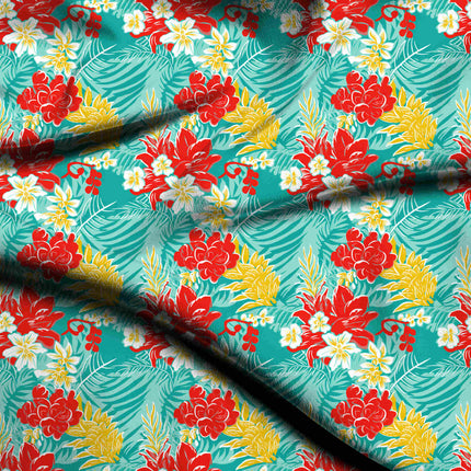 scarlet red tropical digital print fabric texture — large scale closeup