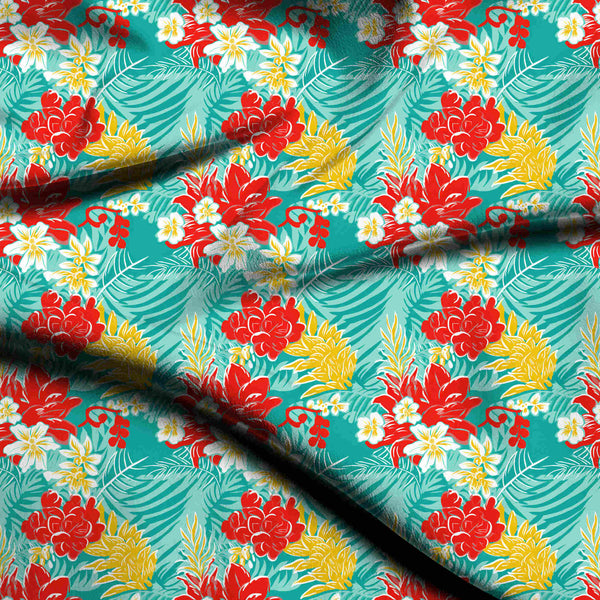 Aquamarine Bold Graphic Tropical Florals Print Fabric