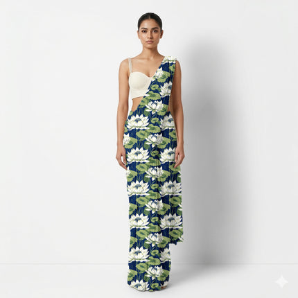 Midnight Blue Floral Digital Print Fabric for Set | Opulent Festive Wear - Image 5
