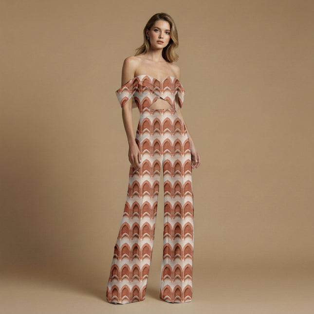 burnt sienna geometric print fabric draped — lehenga dupatta styling