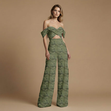 moss green animal print fabric draped — jumpsuit styling