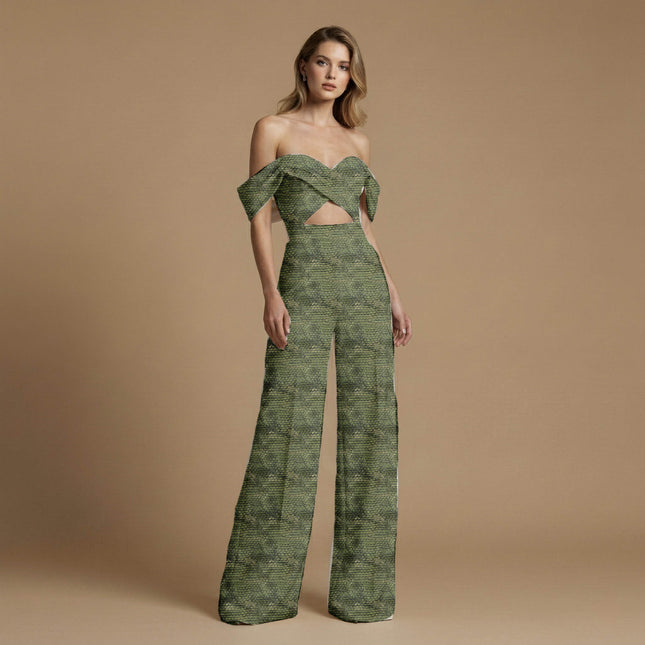 moss green animal print fabric draped — jumpsuit styling