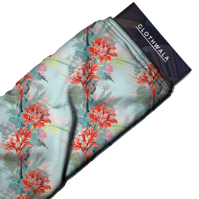 coral pink floral print fabric draped — kaftan styling
