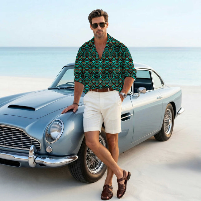 luminous teal ethnic print fabric draped — jacket styling