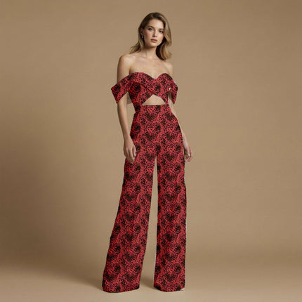 fiery red animal print fabric draped — palazzo suit styling