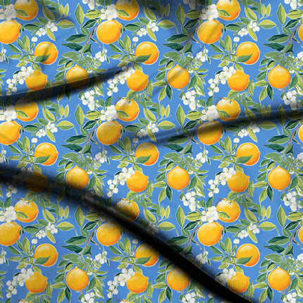 cornflower blue floral digital print fabric texture — medium scale closeup