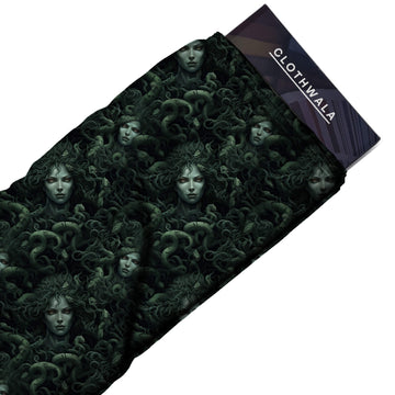 Forest Green Mythological Medusa Portrait Print Fabric
